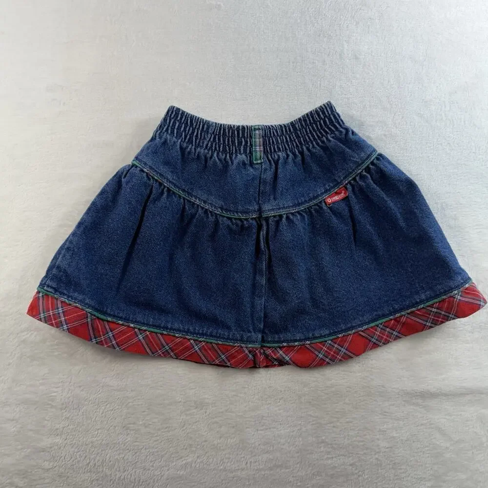Vtg 90s OshKosh Girls 4 Denim Skirt Gingham Red Plaid‎ Trim Pull On USA Cotton